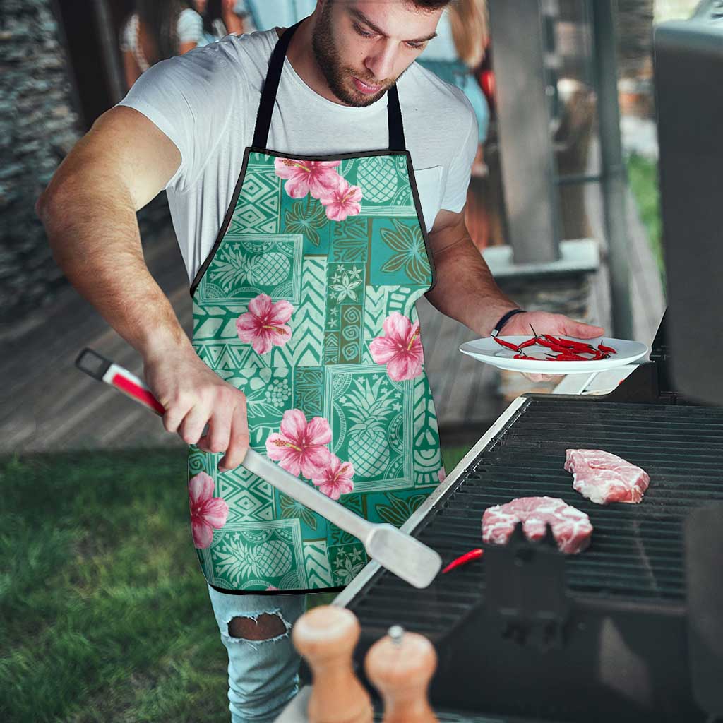 Cyan Hawaii Hibiscus With Tropical Flowers Motifs Apron - Polynesian Pride