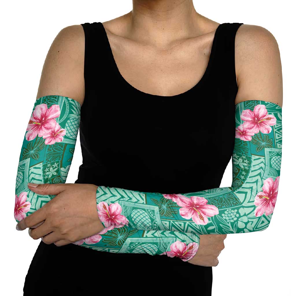 Cyan Hawaii Hibiscus With Tropical Flowers Motifs Arm Sleeves - Polynesian Pride