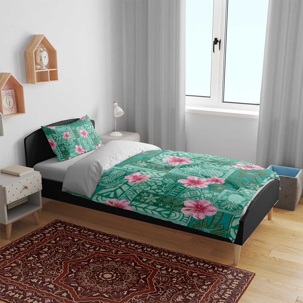 Cyan Hawaii Hibiscus With Tropical Flowers Motifs Bedding Set - Polynesian Pride
