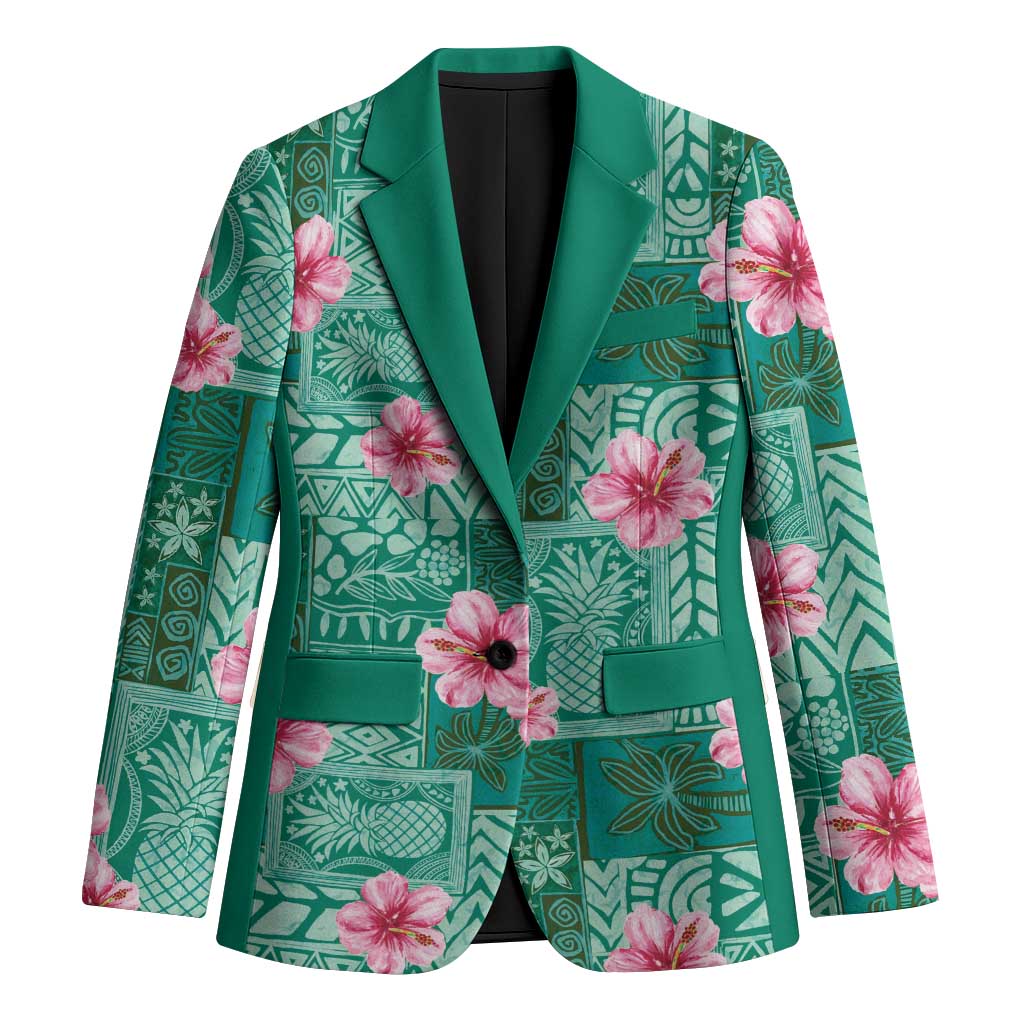 Cyan Hawaii Hibiscus With Tropical Flowers Motifs Blazer LT14 Unisex Cyan - Polynesian Pride