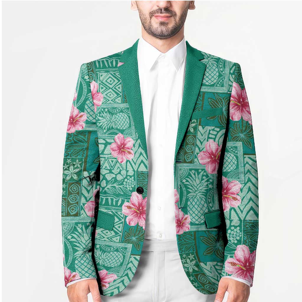 Cyan Hawaii Hibiscus With Tropical Flowers Motifs Blazer LT14 - Polynesian Pride