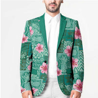 Cyan Hawaii Hibiscus With Tropical Flowers Motifs Blazer LT14 - Polynesian Pride