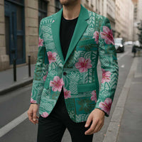 Cyan Hawaii Hibiscus With Tropical Flowers Motifs Blazer LT14 - Polynesian Pride