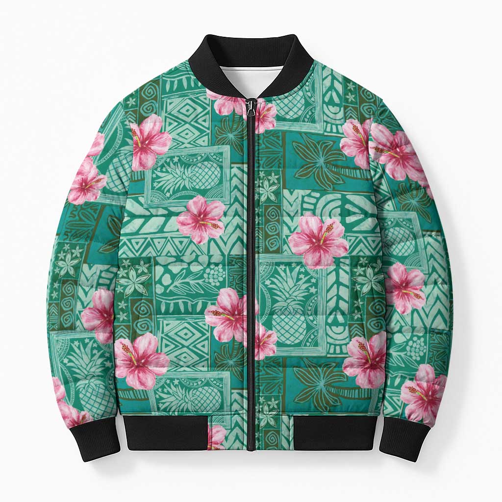 Cyan Hawaii Hibiscus With Tropical Flowers Motifs Bomber Puffer Jacket LT14 Unisex Cyan - Polynesian Pride