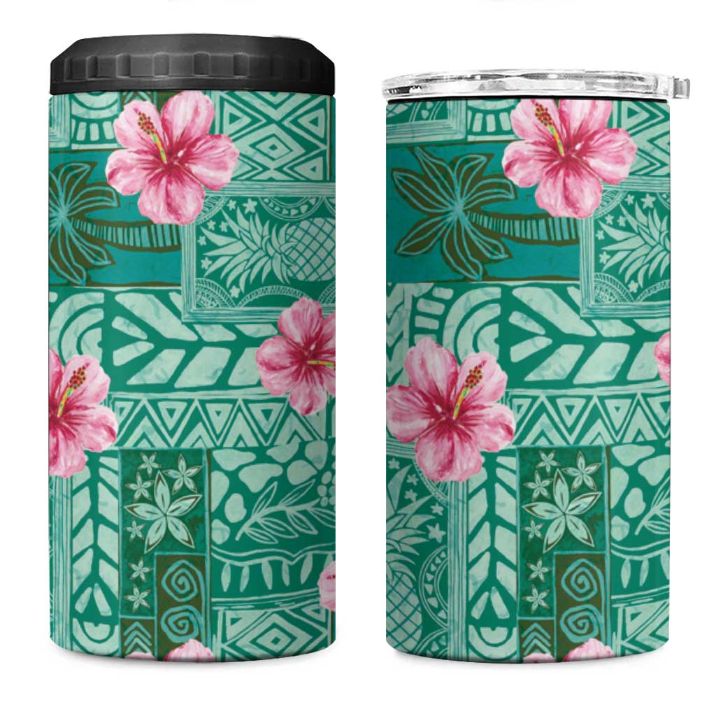 Cyan Hawaii Hibiscus With Tropical Flowers Motifs 4 in 1 Can Cooler Tumbler LT14 One Size: 16 oz Cyan - Polynesian Pride