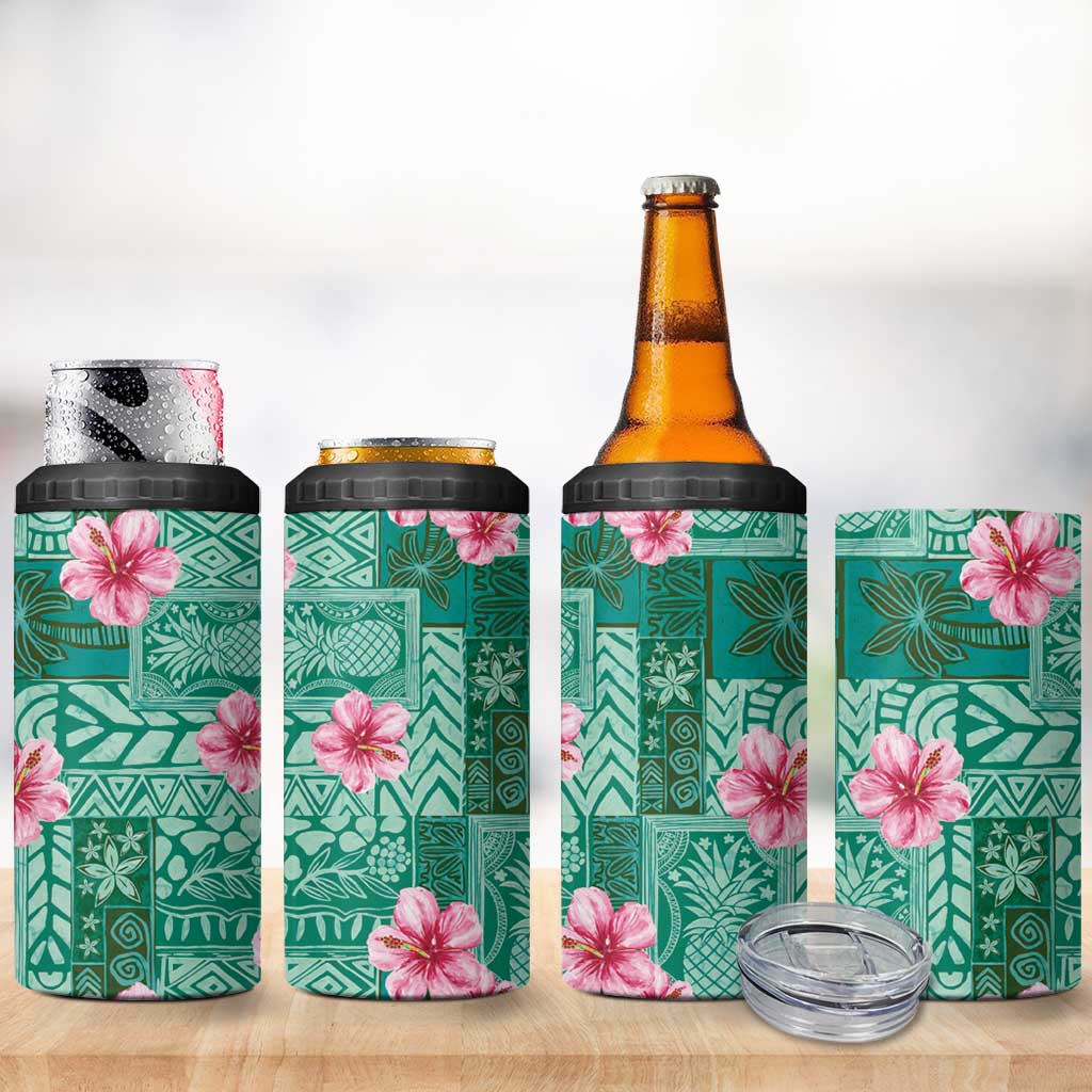 Cyan Hawaii Hibiscus With Tropical Flowers Motifs 4 in 1 Can Cooler Tumbler LT14 - Polynesian Pride