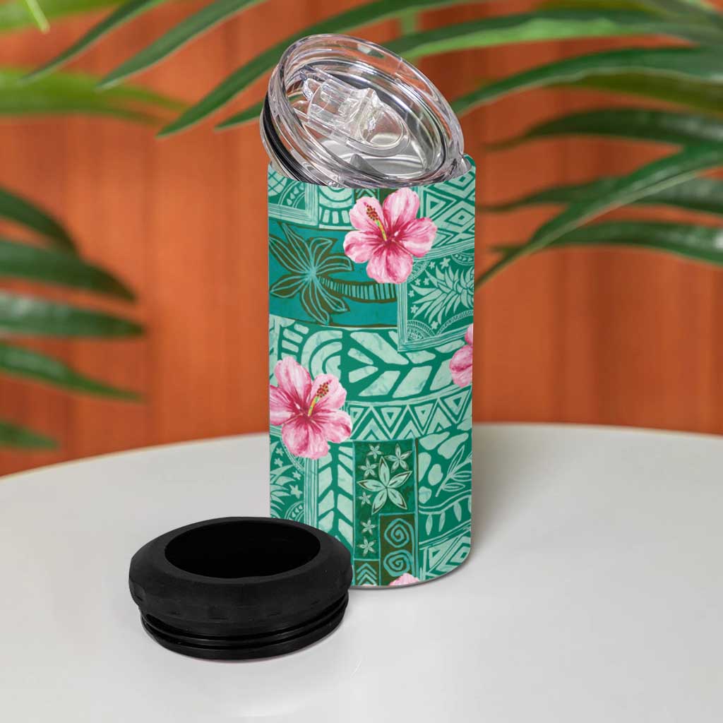 Cyan Hawaii Hibiscus With Tropical Flowers Motifs 4 in 1 Can Cooler Tumbler LT14 - Polynesian Pride
