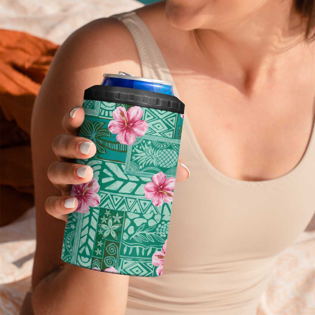 Cyan Hawaii Hibiscus With Tropical Flowers Motifs 4 in 1 Can Cooler Tumbler LT14 - Polynesian Pride