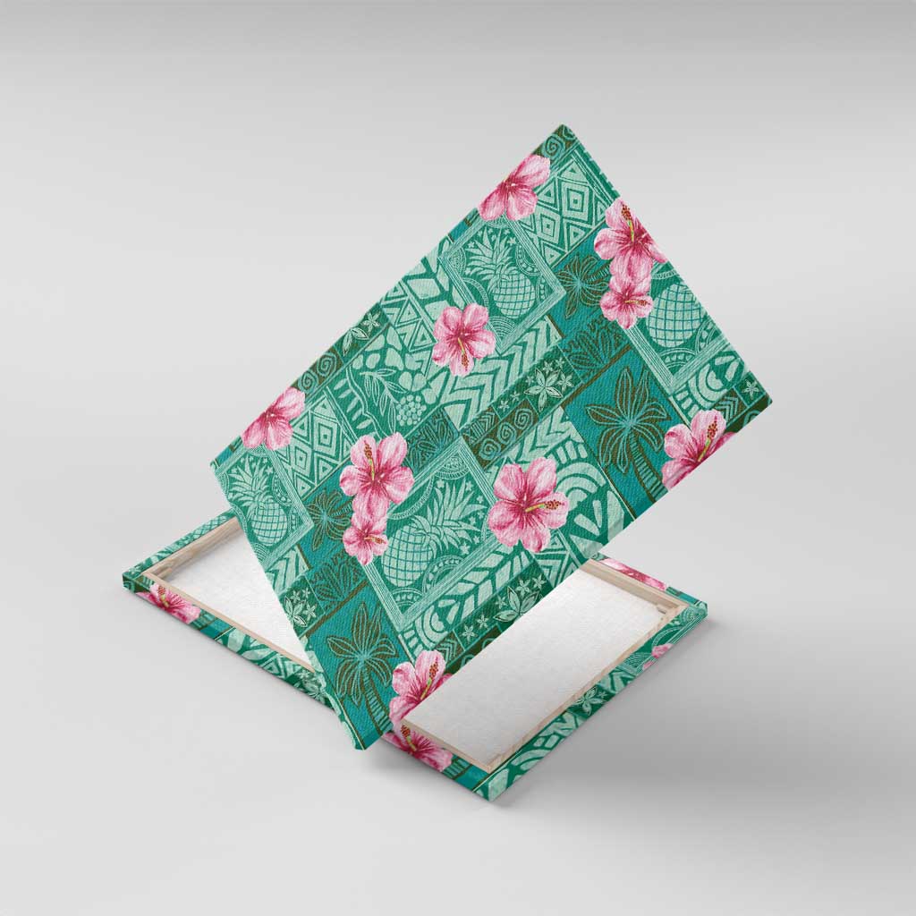 Cyan Hawaii Hibiscus With Tropical Flowers Motifs Canvas Wall Art - Polynesian Pride