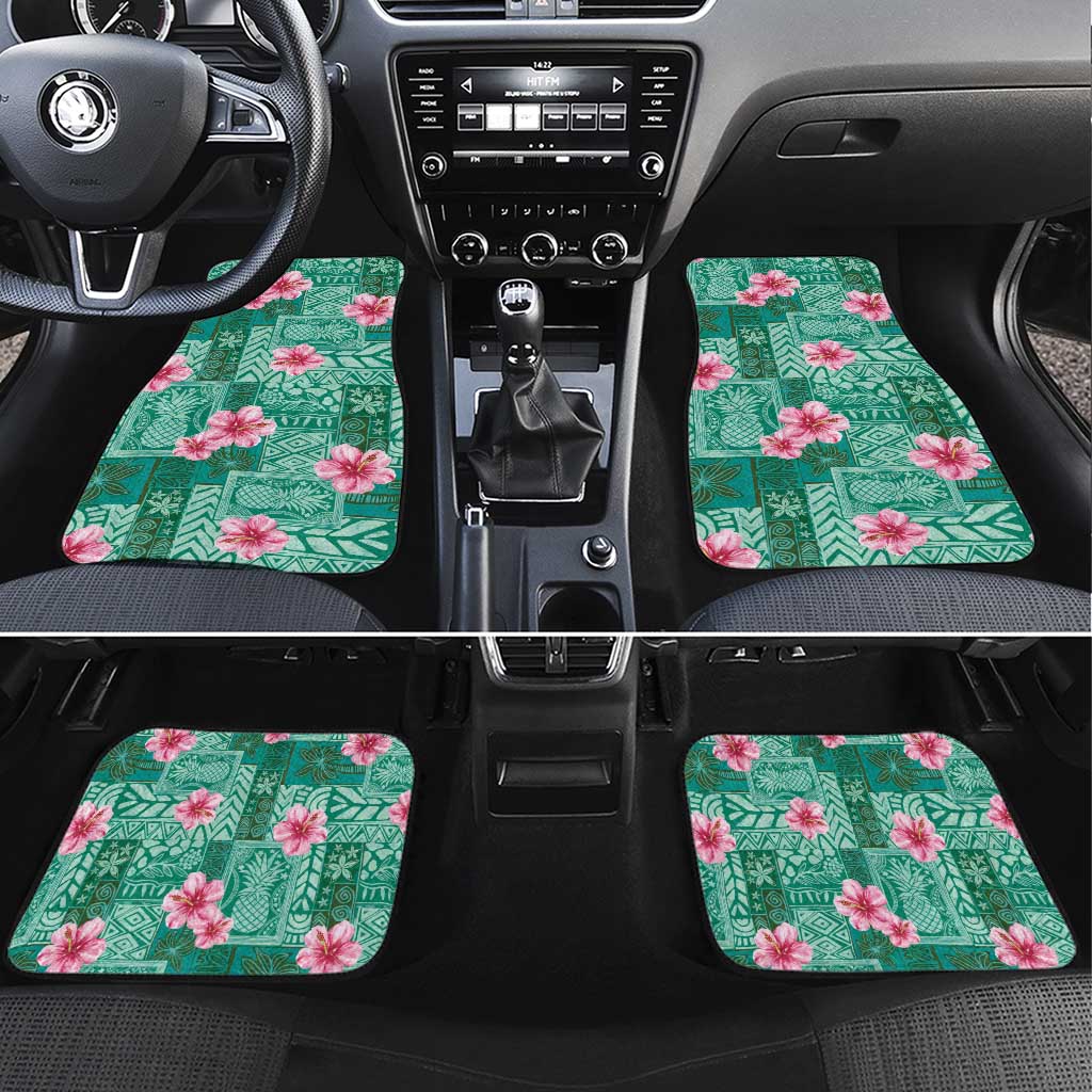 Cyan Hawaii Hibiscus With Tropical Flowers Motifs Car Mats LT14 Set 4pcs Cyan - Polynesian Pride