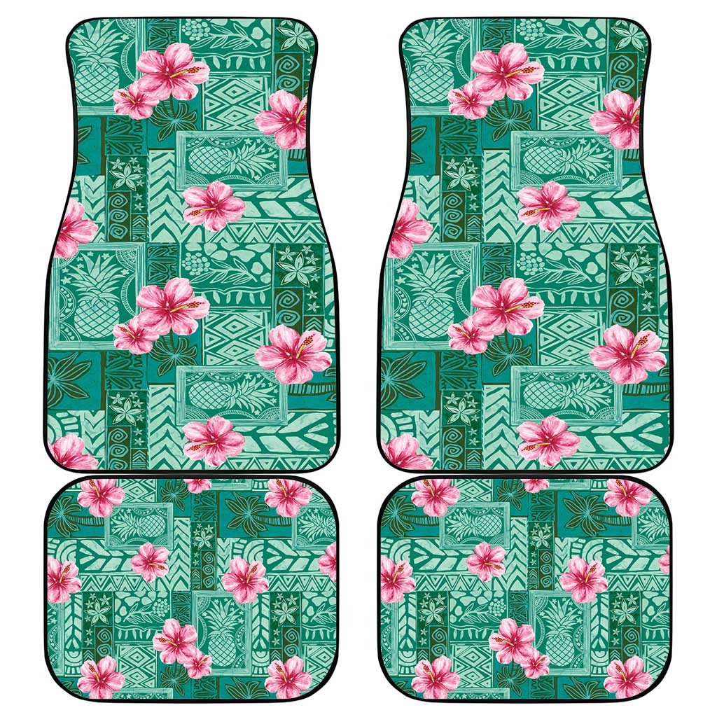 Cyan Hawaii Hibiscus With Tropical Flowers Motifs Car Mats LT14 - Polynesian Pride