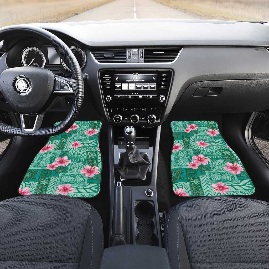 Cyan Hawaii Hibiscus With Tropical Flowers Motifs Car Mats LT14 Set 2pcs - Front Cyan - Polynesian Pride
