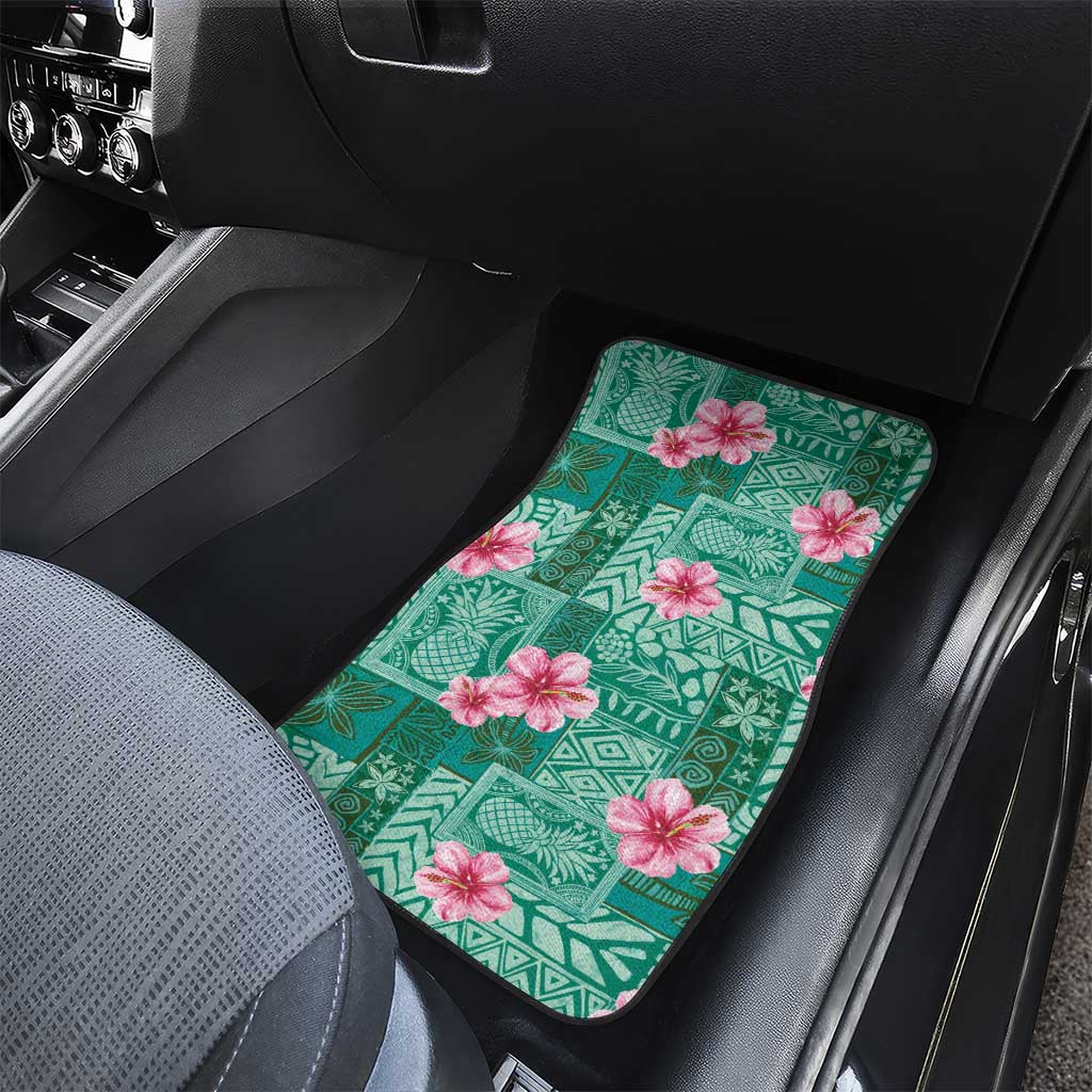 Cyan Hawaii Hibiscus With Tropical Flowers Motifs Car Mats LT14 - Polynesian Pride