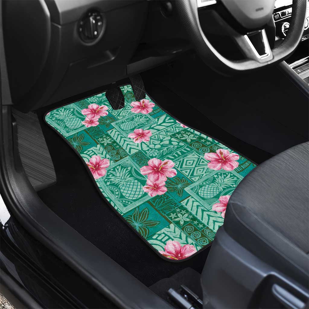 Cyan Hawaii Hibiscus With Tropical Flowers Motifs Car Mats LT14 - Polynesian Pride