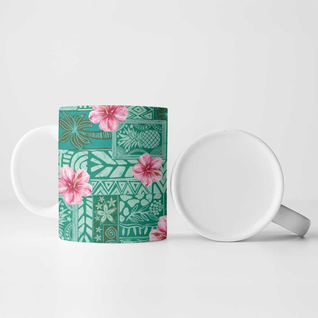 Cyan Hawaii Hibiscus With Tropical Flowers Motifs Ceramic Mug - Polynesian Pride