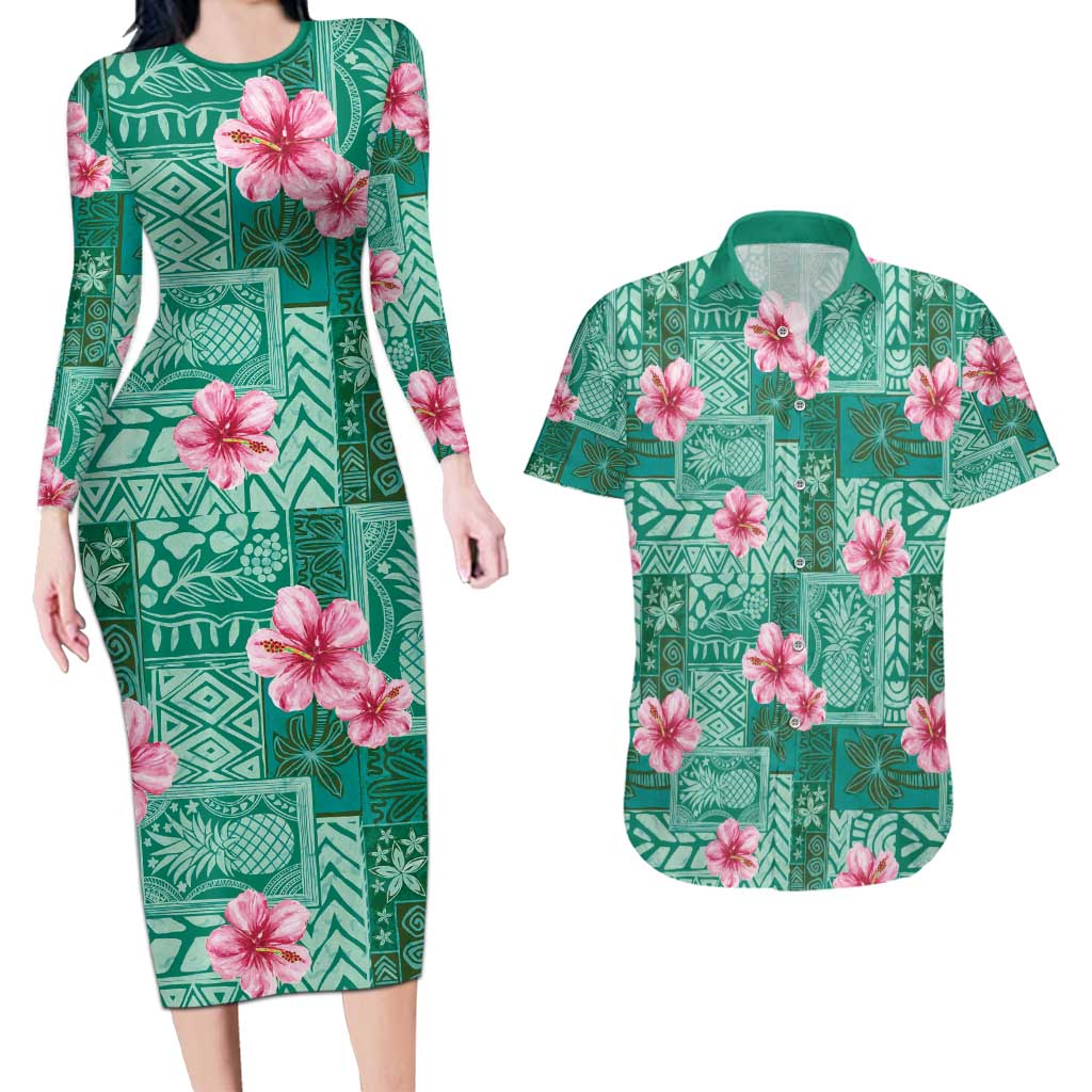 Cyan Hawaii Hibiscus With Tropical Flowers Motifs Couples Matching Long Sleeve Bodycon Dress and Hawaiian Shirt LT14 Cyan - Polynesian Pride