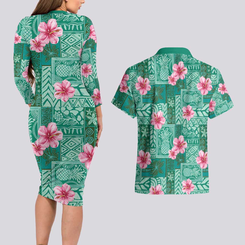 Cyan Hawaii Hibiscus With Tropical Flowers Motifs Couples Matching Long Sleeve Bodycon Dress and Hawaiian Shirt LT14 - Polynesian Pride