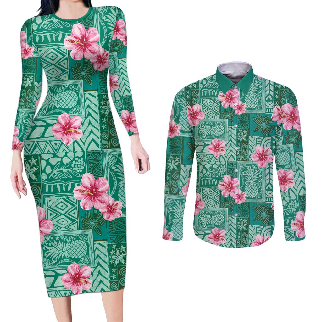 Cyan Hawaii Hibiscus With Tropical Flowers Motifs Couples Matching Long Sleeve Bodycon Dress and Long Sleeve Button Shirt LT14 Cyan - Polynesian Pride