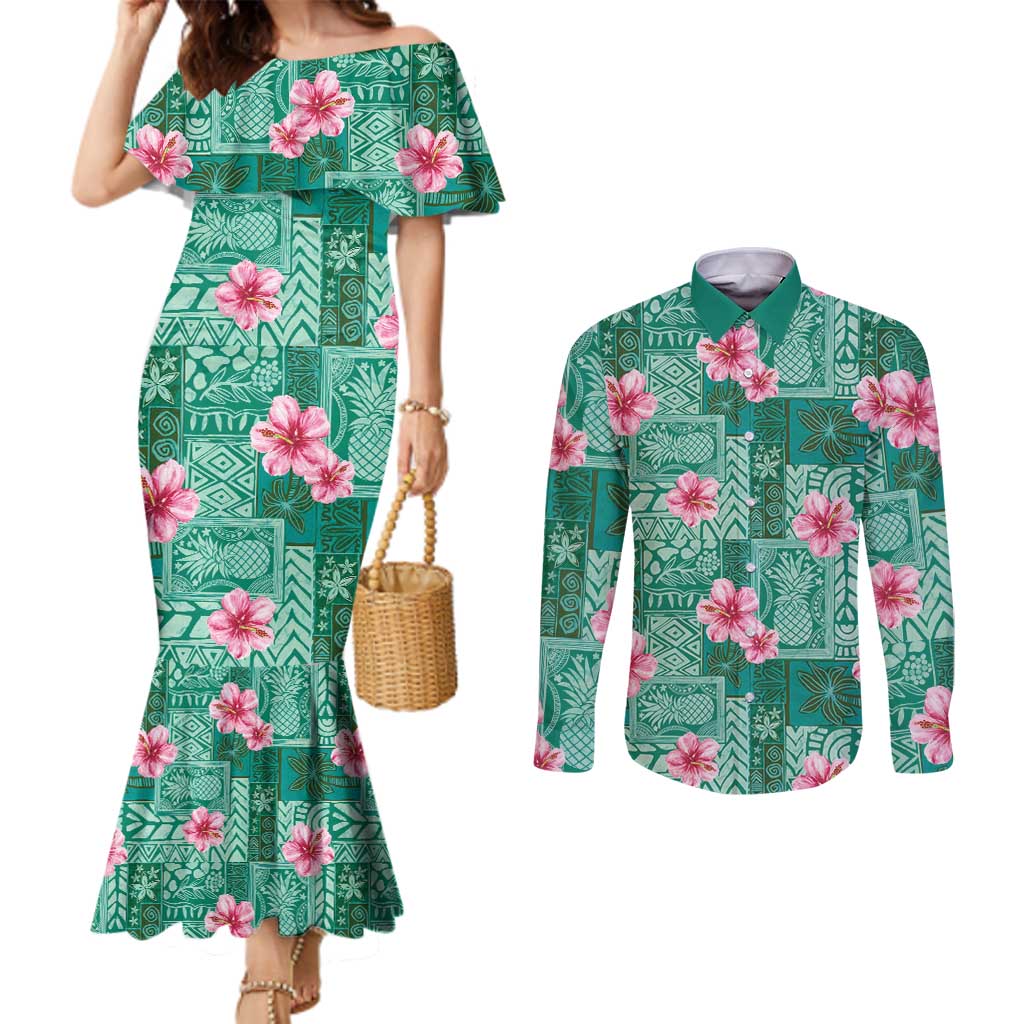 Cyan Hawaii Hibiscus With Tropical Flowers Motifs Couples Matching Mermaid Dress and Long Sleeve Button Shirt LT14 Cyan - Polynesian Pride