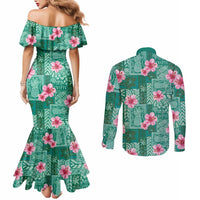 Cyan Hawaii Hibiscus With Tropical Flowers Motifs Couples Matching Mermaid Dress and Long Sleeve Button Shirt LT14 - Polynesian Pride