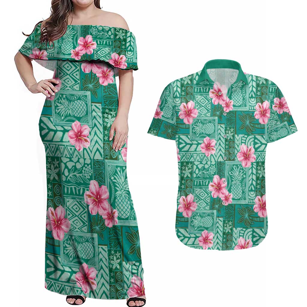Cyan Hawaii Hibiscus With Tropical Flowers Motifs Couples Matching Off Shoulder Maxi Dress and Hawaiian Shirt LT14 Cyan - Polynesian Pride