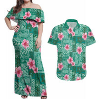 Cyan Hawaii Hibiscus With Tropical Flowers Motifs Couples Matching Off Shoulder Maxi Dress and Hawaiian Shirt LT14 Cyan - Polynesian Pride
