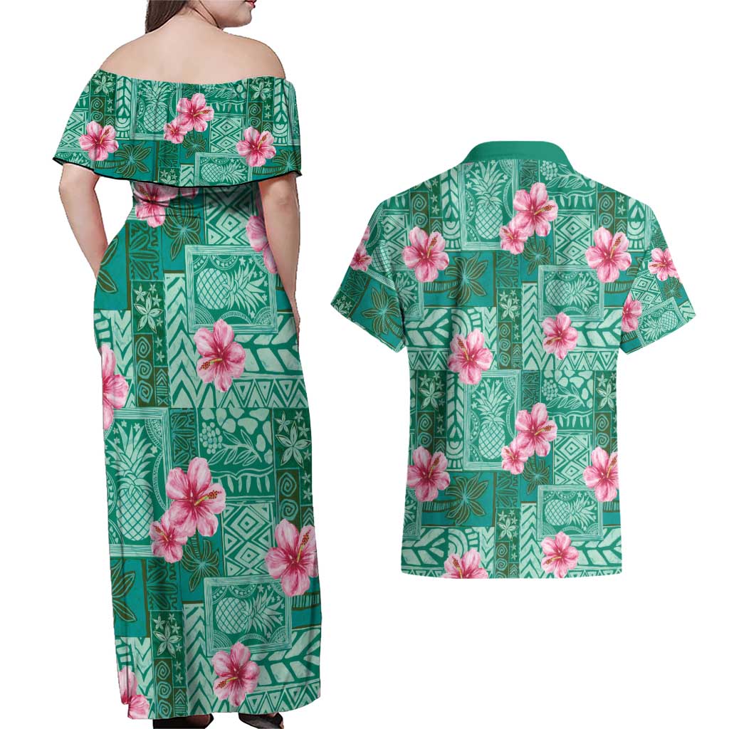 Cyan Hawaii Hibiscus With Tropical Flowers Motifs Couples Matching Off Shoulder Maxi Dress and Hawaiian Shirt LT14 - Polynesian Pride