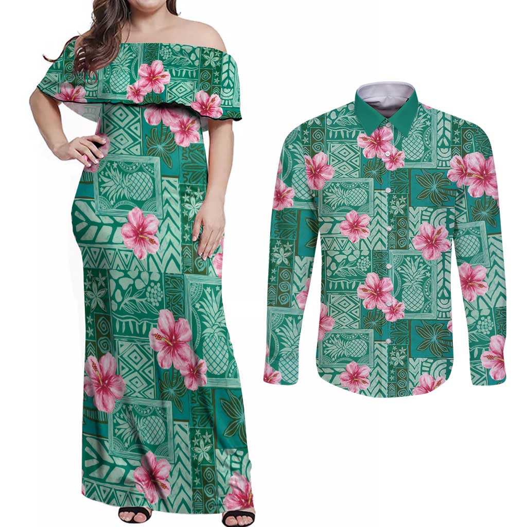 Cyan Hawaii Hibiscus With Tropical Flowers Motifs Couples Matching Off Shoulder Maxi Dress and Long Sleeve Button Shirt LT14 Cyan - Polynesian Pride