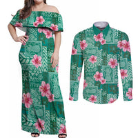 Cyan Hawaii Hibiscus With Tropical Flowers Motifs Couples Matching Off Shoulder Maxi Dress and Long Sleeve Button Shirt LT14 Cyan - Polynesian Pride