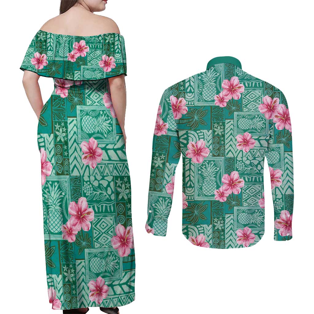 Cyan Hawaii Hibiscus With Tropical Flowers Motifs Couples Matching Off Shoulder Maxi Dress and Long Sleeve Button Shirt LT14 - Polynesian Pride