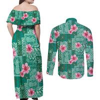 Cyan Hawaii Hibiscus With Tropical Flowers Motifs Couples Matching Off Shoulder Maxi Dress and Long Sleeve Button Shirt LT14 - Polynesian Pride