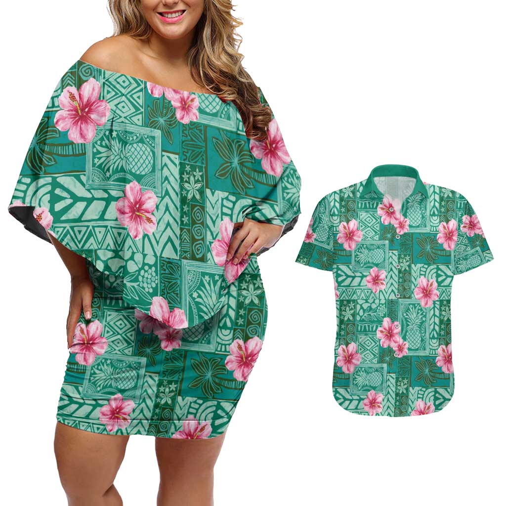 Cyan Hawaii Hibiscus With Tropical Flowers Motifs Couples Matching Off Shoulder Short Dress and Hawaiian Shirt LT14 Cyan - Polynesian Pride