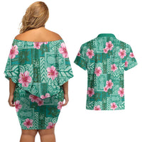 Cyan Hawaii Hibiscus With Tropical Flowers Motifs Couples Matching Off Shoulder Short Dress and Hawaiian Shirt LT14 - Polynesian Pride
