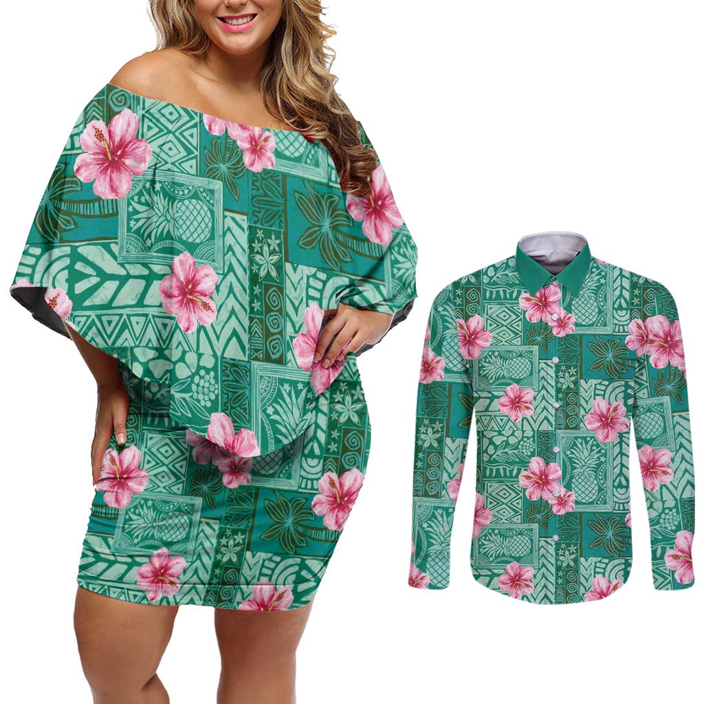 Cyan Hawaii Hibiscus With Tropical Flowers Motifs Couples Matching Off Shoulder Short Dress and Long Sleeve Button Shirt LT14 Cyan - Polynesian Pride