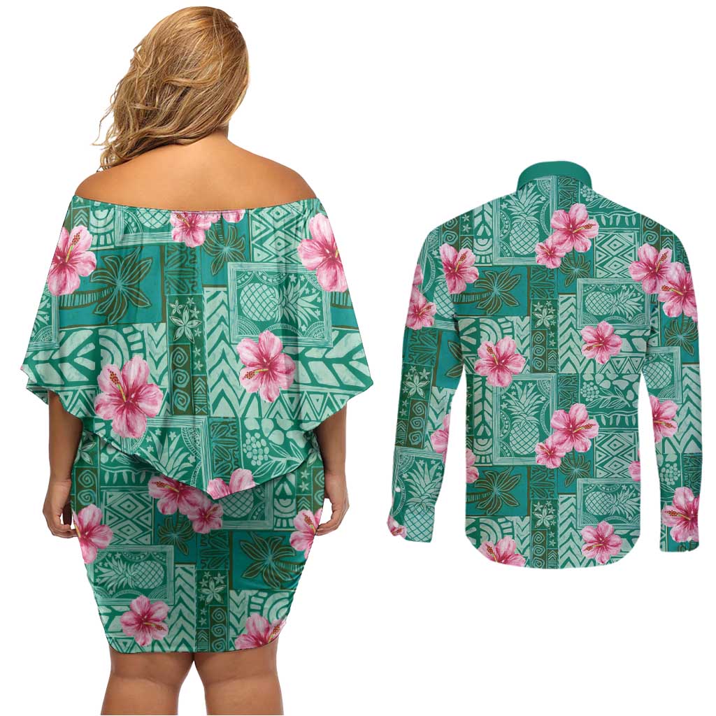 Cyan Hawaii Hibiscus With Tropical Flowers Motifs Couples Matching Off Shoulder Short Dress and Long Sleeve Button Shirt LT14 - Polynesian Pride