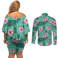Cyan Hawaii Hibiscus With Tropical Flowers Motifs Couples Matching Off Shoulder Short Dress and Long Sleeve Button Shirt LT14 - Polynesian Pride