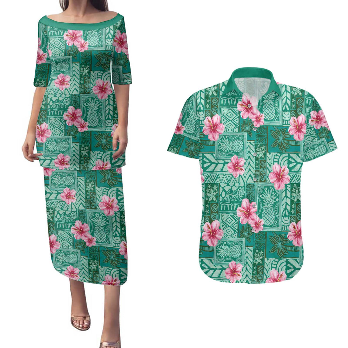 Cyan Hawaii Hibiscus With Tropical Flowers Motifs Couples Matching Puletasi and Hawaiian Shirt LT14 Cyan - Polynesian Pride