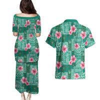 Cyan Hawaii Hibiscus With Tropical Flowers Motifs Couples Matching Puletasi and Hawaiian Shirt LT14 - Polynesian Pride