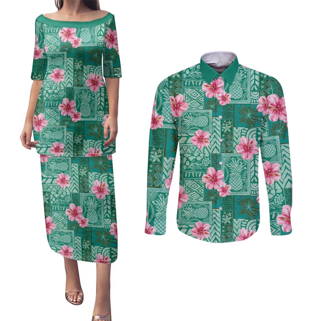 Cyan Hawaii Hibiscus With Tropical Flowers Motifs Couples Matching Puletasi and Long Sleeve Button Shirt LT14 Cyan - Polynesian Pride