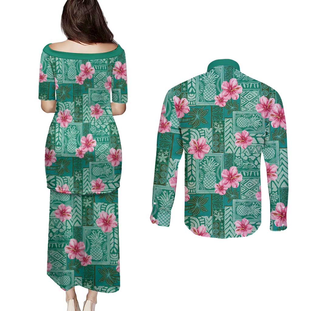 Cyan Hawaii Hibiscus With Tropical Flowers Motifs Couples Matching Puletasi and Long Sleeve Button Shirt LT14 - Polynesian Pride