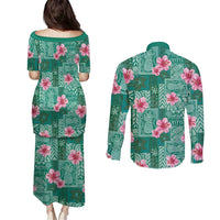 Cyan Hawaii Hibiscus With Tropical Flowers Motifs Couples Matching Puletasi and Long Sleeve Button Shirt LT14 - Polynesian Pride