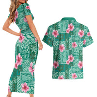 Cyan Hawaii Hibiscus With Tropical Flowers Motifs Couples Matching Short Sleeve Bodycon Dress and Hawaiian Shirt LT14 - Polynesian Pride