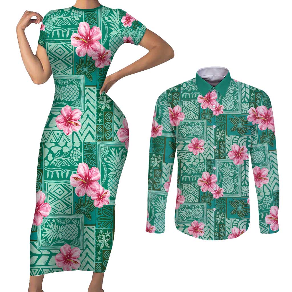 Cyan Hawaii Hibiscus With Tropical Flowers Motifs Couples Matching Short Sleeve Bodycon Dress and Long Sleeve Button Shirt LT14 Cyan - Polynesian Pride