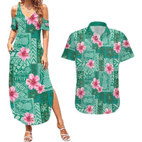 Cyan Hawaii Hibiscus With Tropical Flowers Motifs Couples Matching Summer Maxi Dress and Hawaiian Shirt LT14 Cyan - Polynesian Pride