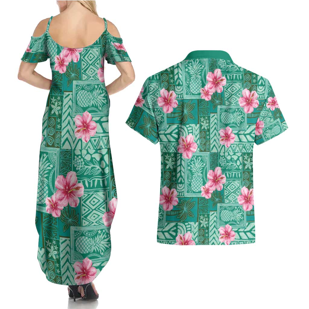 Cyan Hawaii Hibiscus With Tropical Flowers Motifs Couples Matching Summer Maxi Dress and Hawaiian Shirt LT14 - Polynesian Pride