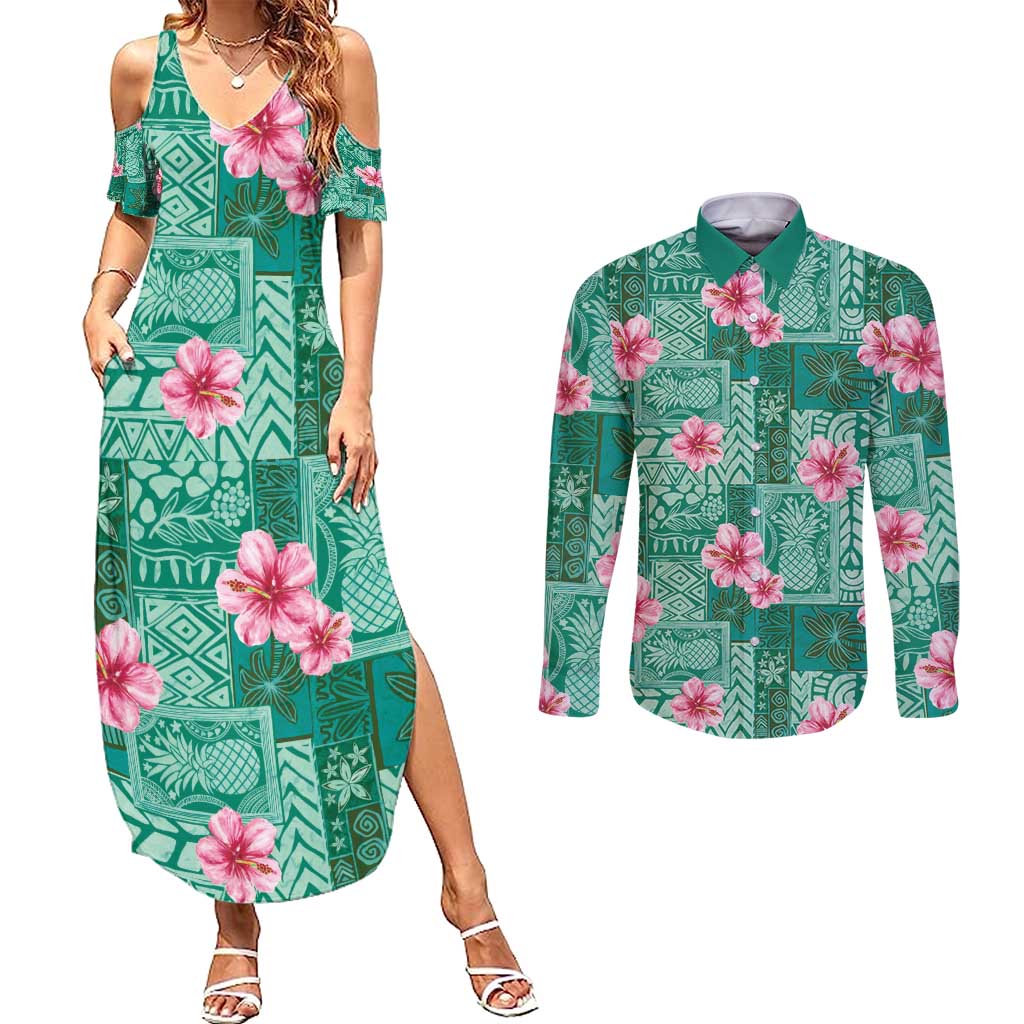 Cyan Hawaii Hibiscus With Tropical Flowers Motifs Couples Matching Summer Maxi Dress and Long Sleeve Button Shirt LT14 Cyan - Polynesian Pride