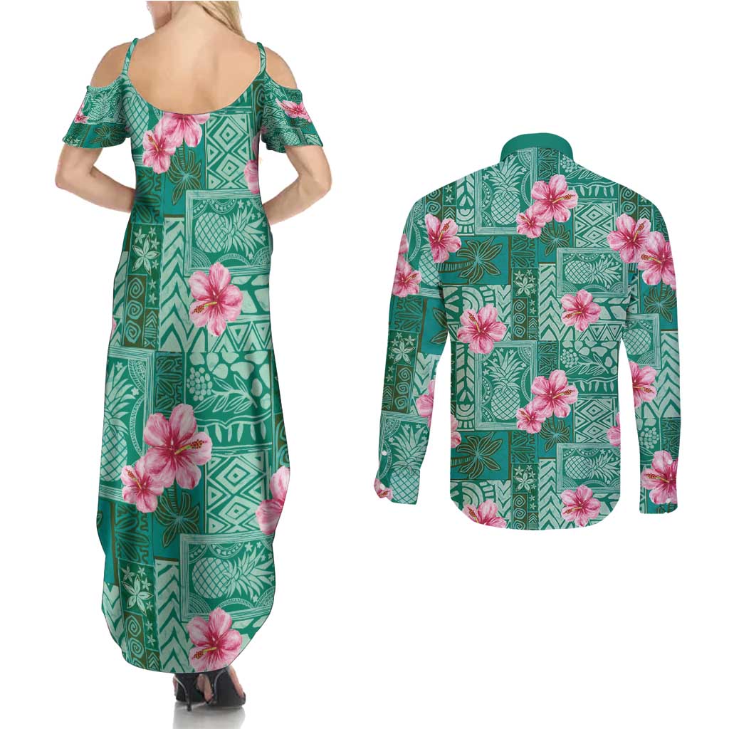 Cyan Hawaii Hibiscus With Tropical Flowers Motifs Couples Matching Summer Maxi Dress and Long Sleeve Button Shirt LT14 - Polynesian Pride