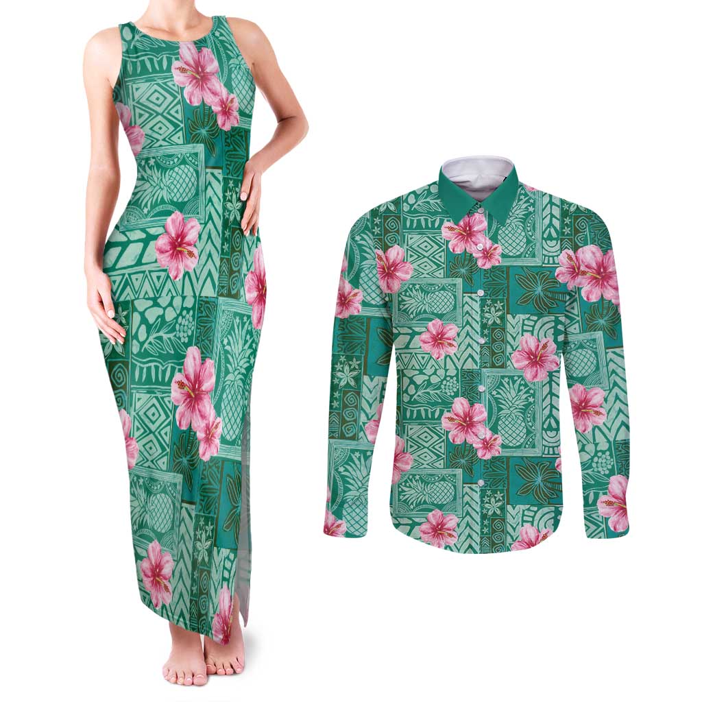 Cyan Hawaii Hibiscus With Tropical Flowers Motifs Couples Matching Tank Maxi Dress and Long Sleeve Button Shirt LT14 Cyan - Polynesian Pride