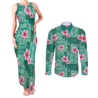 Cyan Hawaii Hibiscus With Tropical Flowers Motifs Couples Matching Tank Maxi Dress and Long Sleeve Button Shirt LT14 Cyan - Polynesian Pride