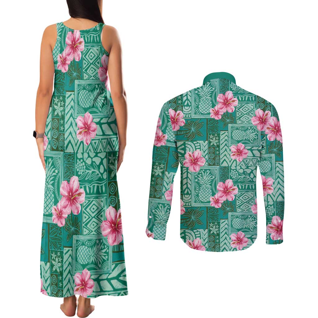 Cyan Hawaii Hibiscus With Tropical Flowers Motifs Couples Matching Tank Maxi Dress and Long Sleeve Button Shirt LT14 - Polynesian Pride